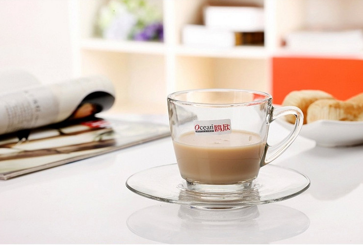 泰國 Ocean 透明玻璃 創意帶把咖啡杯配碟套裝