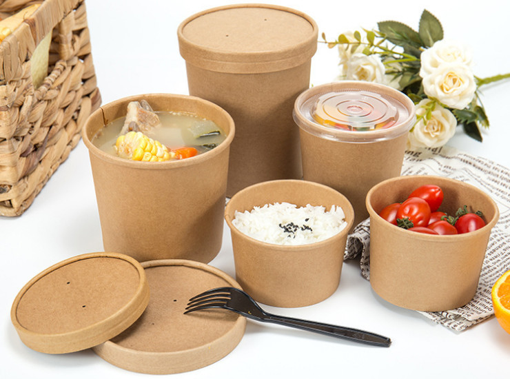 (Ready One-time Disposables Take-away Tableware) (Box/500 Pcs) Yellow Kraft Paper Soup Cup Round Paper Packaging Cup Creative Takeaway Paper Cups