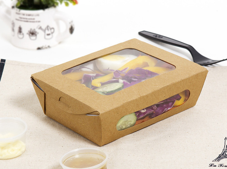 (200个/箱) 一次性牛皮盒食品 面条外卖便当盒纸质 两窗沙拉米饭纸质打包餐盒 (包运送上门)