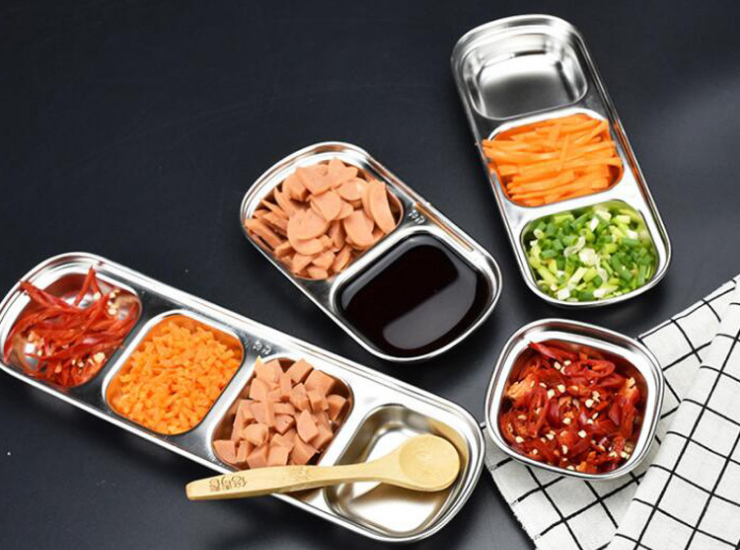 304 Non-Magnetic Thickened Square Stainless Steel Korean Kitchen Seasoning Dish Multi Grid Hot Pot Barbecue Sauce Dish Kimchi Dish (Order According to Box Qty)