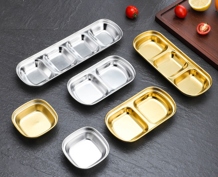 304 Non-Magnetic Thickened Square Stainless Steel Korean Kitchen Seasoning Dish Multi Grid Hot Pot Barbecue Sauce Dish Kimchi Dish (Order According to Box Qty)