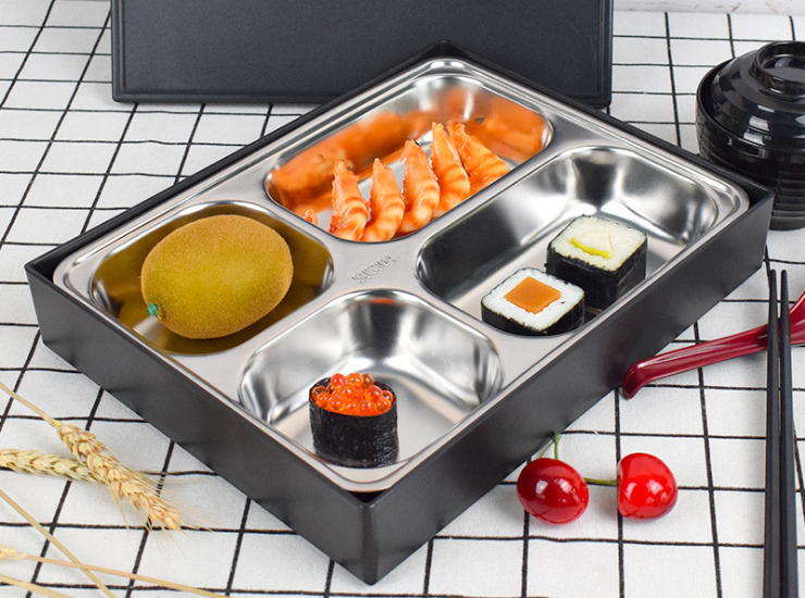 304 Stainless Steel 5 Grid Lunch Box High-End Business Set Meal Box Multi-Division Division Lunch Box Restaurant Deep Grid Lunch Box (Different Colors Options)