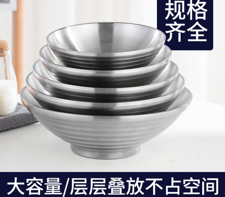 304不锈钢日式拉面碗 家用大碗公大容量泡面碗双层饭碗螺纹碗