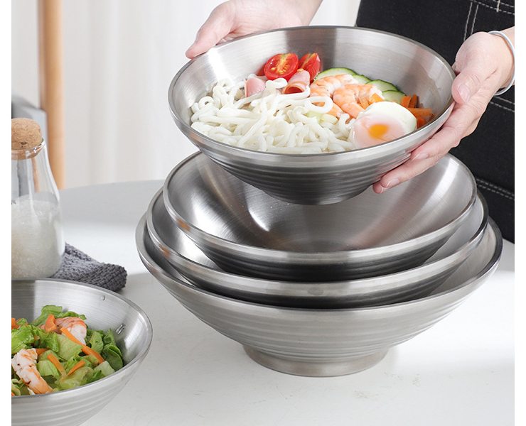 304 Stainless Steel Japanese-Style Ramen Bowl Household Large Bowl Large Capacity Instant Noodle Bowl Double Rice Bowl Threaded Bowl
