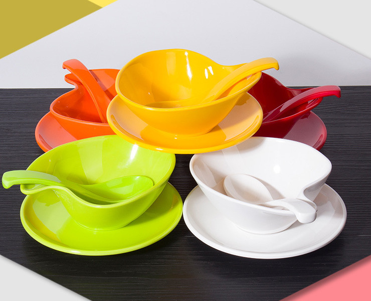 A5密胺仿瓷餐具四件套 甜品碗創意彩色碗四方碗美觀耐摔