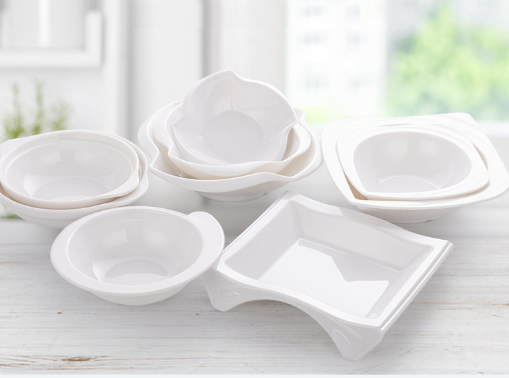 A8 Imitation Porcelain Melamine White Shaped Big Round Bowl Creative Flower Soup Bowl Hotel Plastic Dish