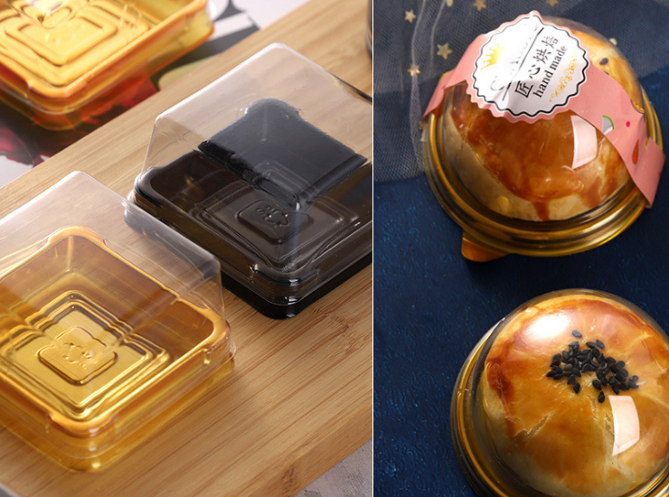 (Box) Black-Gold Blister Box, Transparent Cover, Round Egg Yolk Pastry Moon Cake Packaging Box (Door Delivery Included)