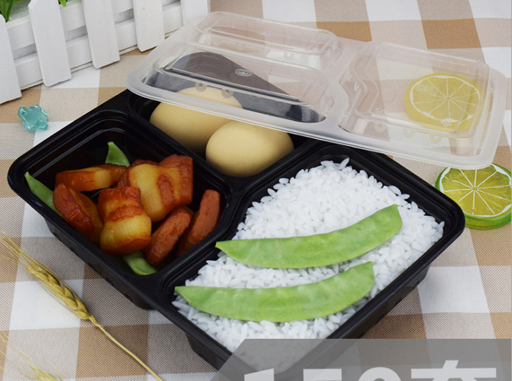 (Box / 150 Sets) Black Three-Cell Fast Food Box Disposable 1000Ml Take-Out Package Box Sub-Grid Plastic Lunch Boxes (Door Delivery)