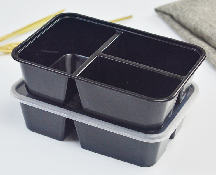 (箱/300套) 一次性600ml餐盒长方形小三格黑色塑料外卖打包便当 (包运送上门)