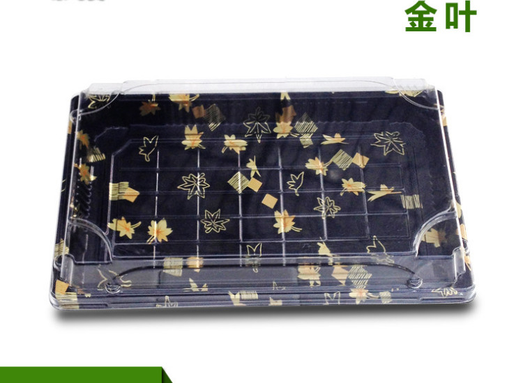 (Box) Disposable Square Sushi Box Ps Plastic Maple Leaf Printing Sushi Packing Box Black Gold Lunch Box (Package Delivery Door)