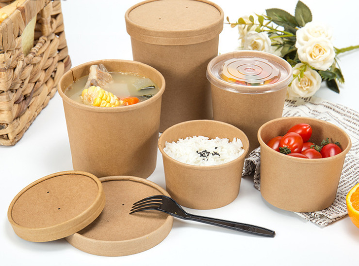 (Box) Disposable Yellow Kraft Paper Soup Cup 98 118 Diameter Round Paper Pack Cup With Lid Creative Take-Away Snack Paper Cup Paper Bowl (Door Delivery Included)