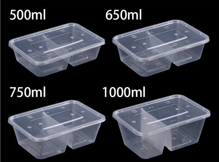 (箱) 高档方形双分格一次性餐盒两格塑料外卖带盖快餐打包饭菜盒 (500-1000ML多款容量) (包运送上门)