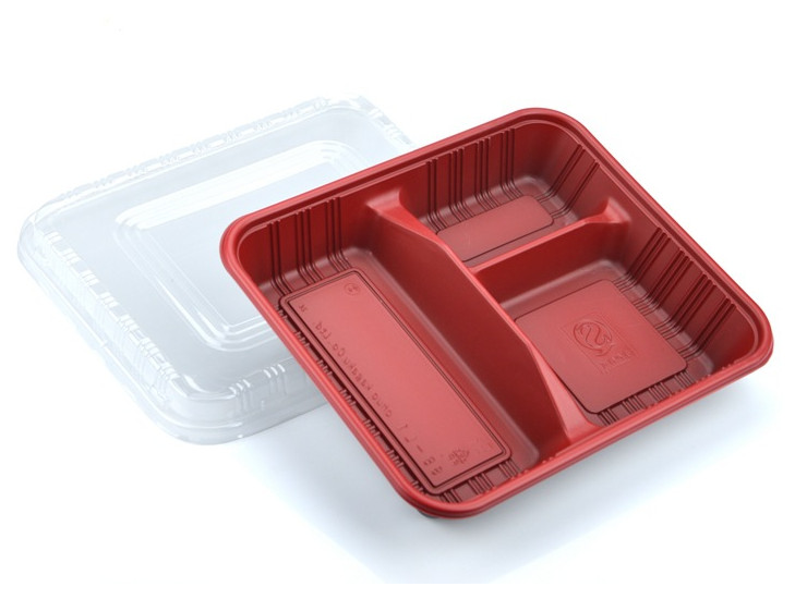 (箱/1000套) 一次飯盒 黑紅三格快餐盒 外賣便當盒塑料打包盒帶蓋 (包運送上門)