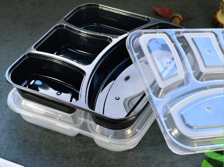 (箱/150套) 一次性四格餐盒 黑色透明分体塑料打包盒注塑餐盒饭盒1000ml (包运送上门)