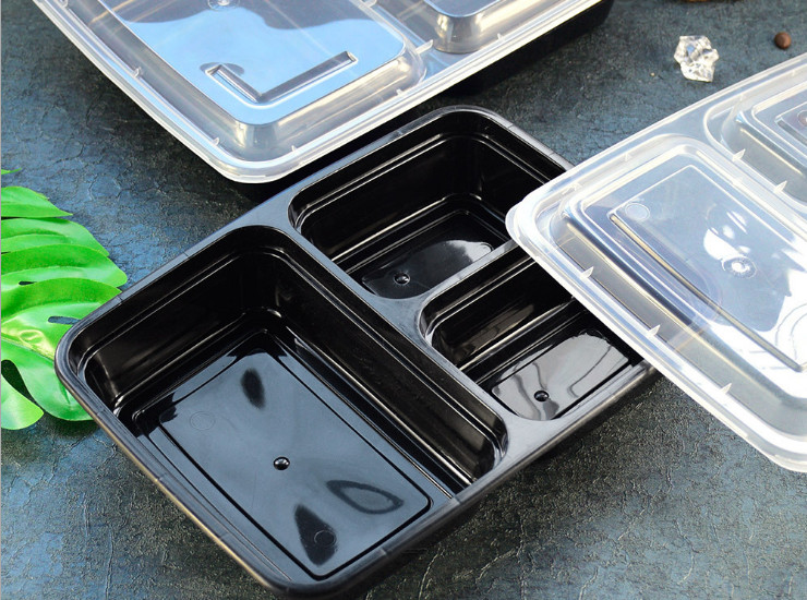 (箱/150套) 一次性快餐盒 高檔打包盒 三格外賣餐盒 黑色打包飯盒 1000ML 1200ML (包運送上門)