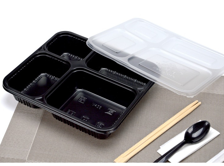 (箱/200套) 一次性餐盒四格/五格黑色打包盒 可微波饭盒 塑料外卖便当盒带盖 (包运送上门)