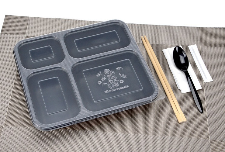 (箱/200套) 一次性餐盒四格/五格黑色打包盒 可微波飯盒 塑料外賣便當盒帶蓋 (包運送上門)