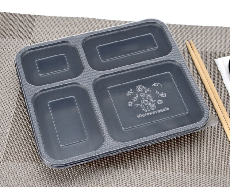 (Box/200 Sets) Disposable Lunch Box Four Grid/Five Grid Black Packaging Box Microwave Lunch Box Plastic Takeout Lunch Box With Lid (Door Delivery Included)