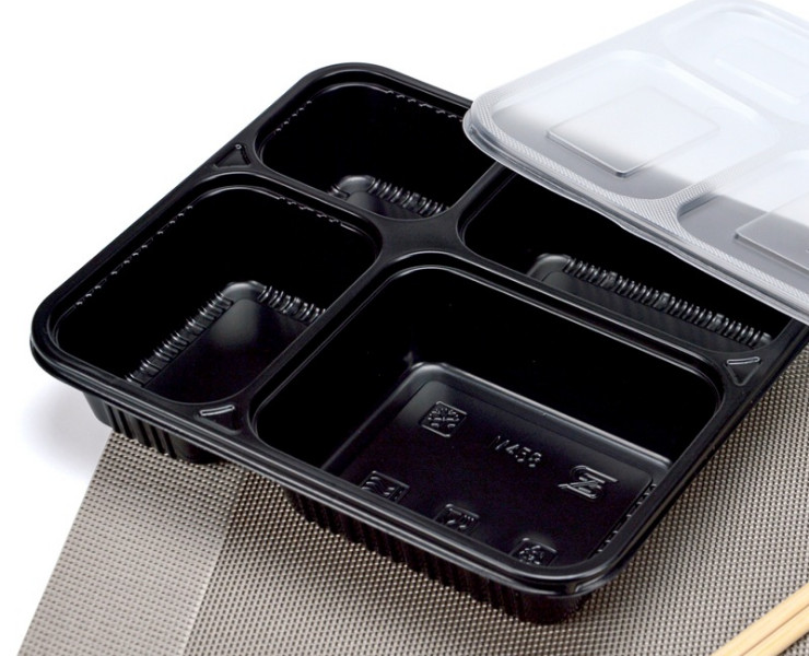 (Box/200 Sets) Disposable Lunch Box Four Grid/Five Grid Black Packaging Box Microwave Lunch Box Plastic Takeout Lunch Box With Lid (Door Delivery Included)
