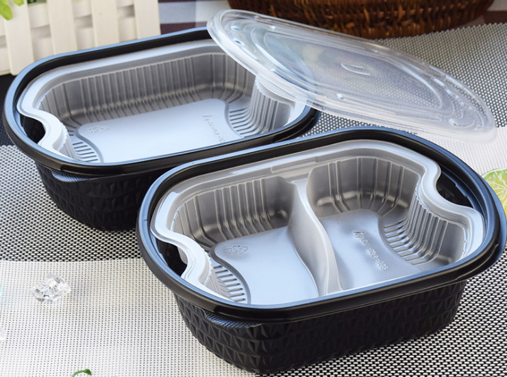 (Box/200 Sets) Disposable Lunch Box Packing Box High-Grade Fast Food Box 1000Mlpp Double Layer Plastic Layered Oval Black Box (Package Delivery Door)