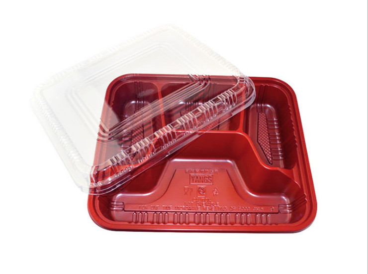 (箱/300套) 一次性紅黑四格食品包裝盒方形飯盒便當盒外賣塑料外賣打包盒餐盒 (包運送上門)