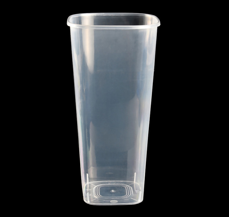 (箱/300套) 新型四方杯 一次性PP注塑杯透明奶茶水果捞杯 960ml四角杯带盖叉