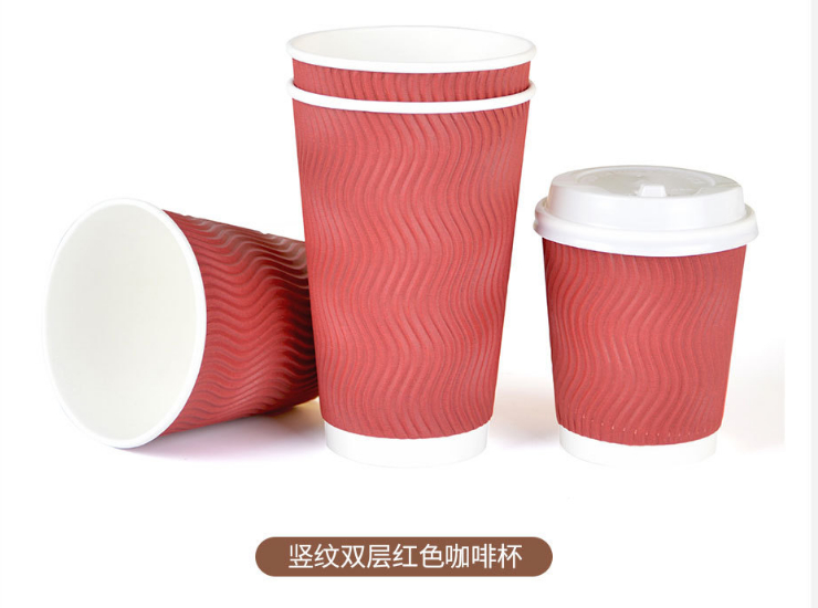 (箱/500套) 竖纹双层纸杯一次性杯防烫瓦楞咖啡杯奶茶热饮杯带盖 (包运送上门)