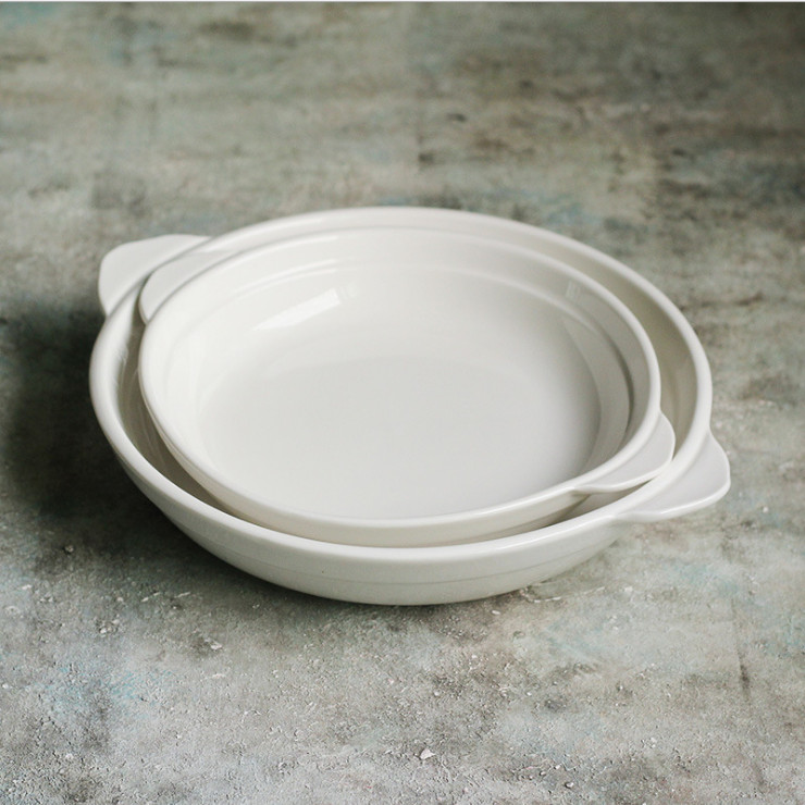 雙耳圓形烤盤純白陶瓷焗飯碗烘焙烤碗意面盤酒店餐廳深盤湯菜盤子
