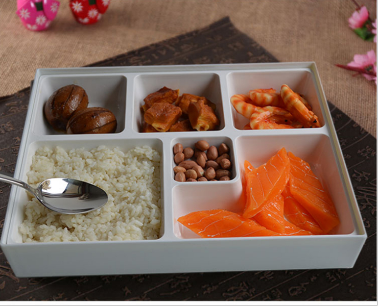 商務套餐飯盒密胺六分格便當盒快餐盒日式壽司盒木紋蓋 (多色可選)