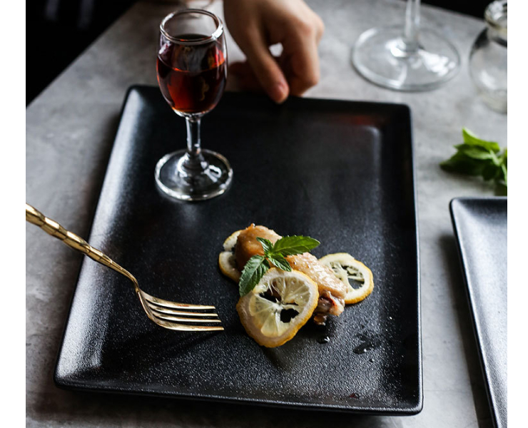 陶瓷黑色麵包正長方形牛排扒飯酒燒烤店專用西餐日本料理碟