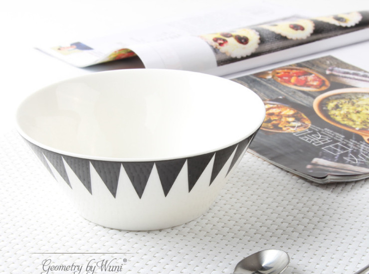 陶瓷骨瓷碗勺 简约黑色几何6寸骨瓷汤碗泡面沙拉碗陶瓷碗创意餐具套装礼品批发