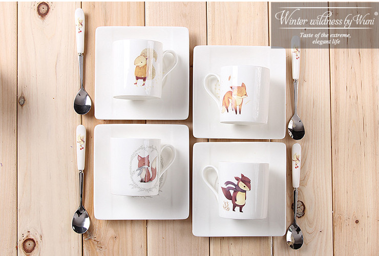 陶瓷骨瓷咖啡杯碟勺 可愛動物卡通創意歐式餐飲咖啡具 情侶咖啡杯碟帶勺禮品套裝批發