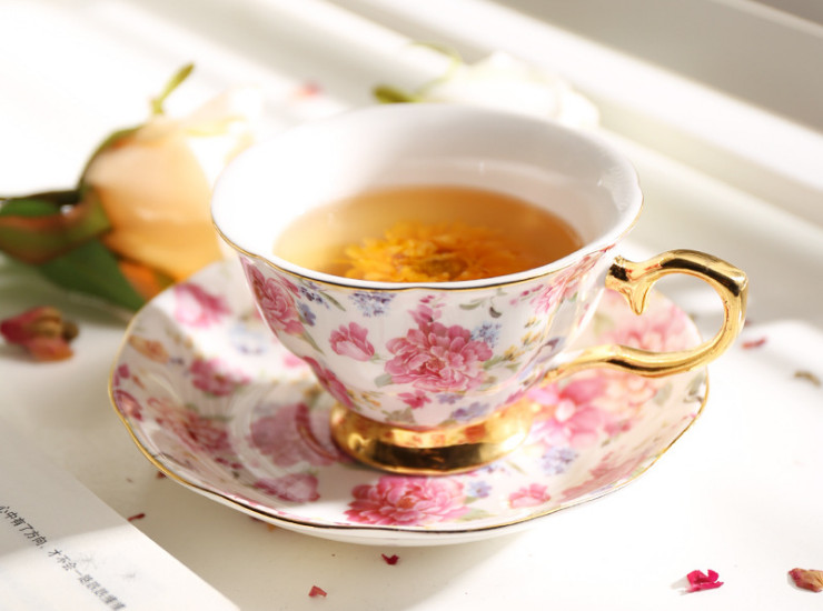 陶瓷骨瓷咖啡杯碟 法式玫瑰高档骨瓷咖啡杯碟套装 描金花卉下午茶杯碟花茶具批发