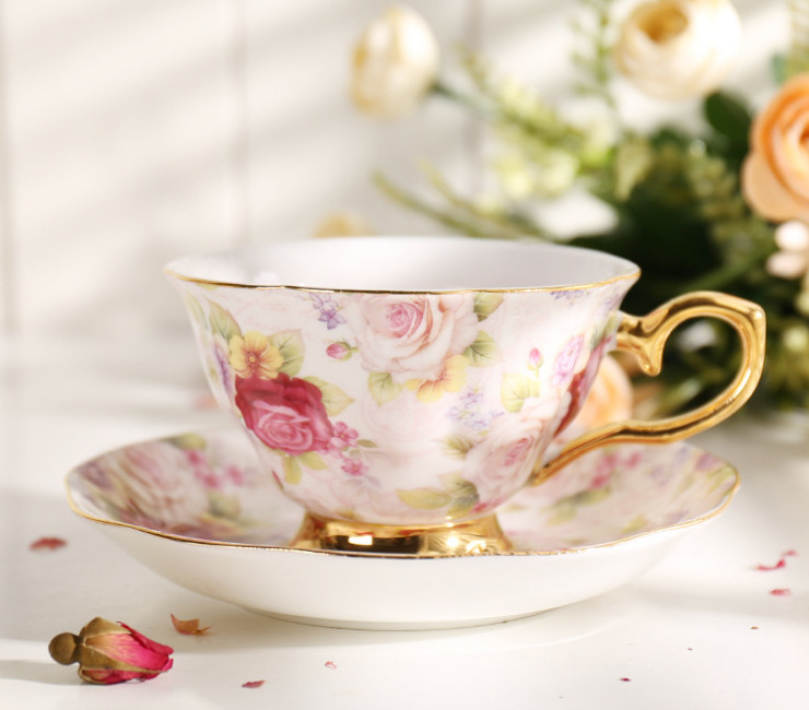 陶瓷骨瓷咖啡杯碟 法式玫瑰高檔骨瓷咖啡杯碟套裝 描金花卉下午茶杯碟花茶具批發