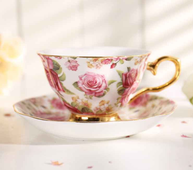陶瓷骨瓷咖啡杯碟 法式玫瑰高檔骨瓷咖啡杯碟套裝 描金花卉下午茶杯碟花茶具批發