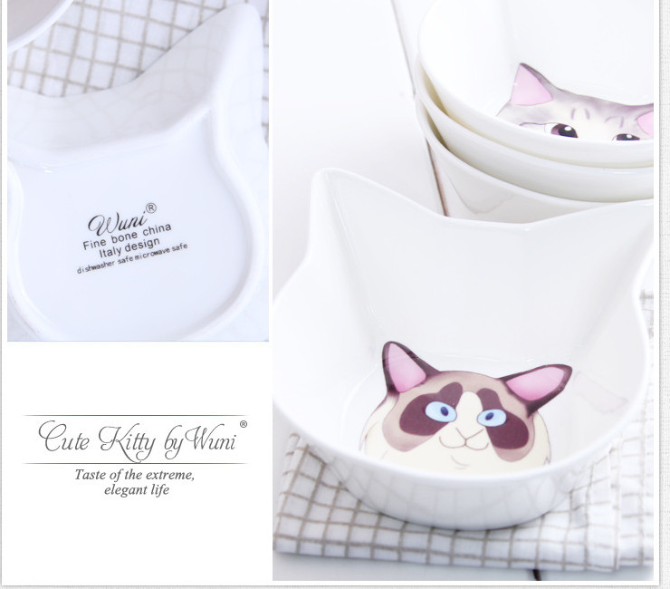 陶瓷骨瓷碗勺 可愛小貓咪餐具創意4.5寸骨瓷湯碗米飯碗點心碗陶瓷餐具套裝批發