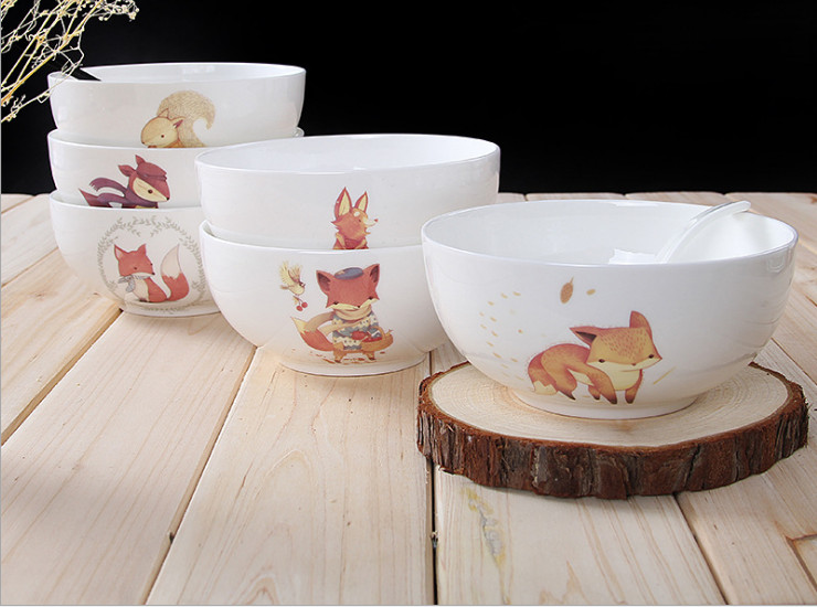 陶瓷骨瓷碗勺 卡通创意北欧风动物6寸陶瓷碗泡面碗汤碗 欧式骨瓷色拉碗餐具套装