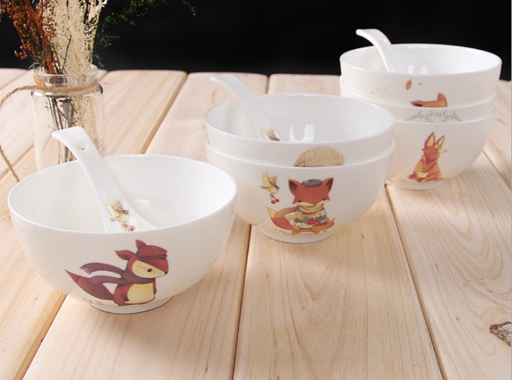 陶瓷骨瓷碗勺 北欧卡通创意动物4.5寸陶瓷碗米饭碗 欧式骨瓷色拉碗餐具套装批发
