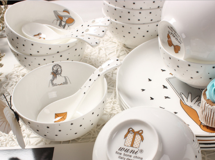 陶瓷骨瓷碗勺 北欧卡通简约可爱陶瓷家用米饭碗沙拉甜品碗微波炉适用4.5碗套装