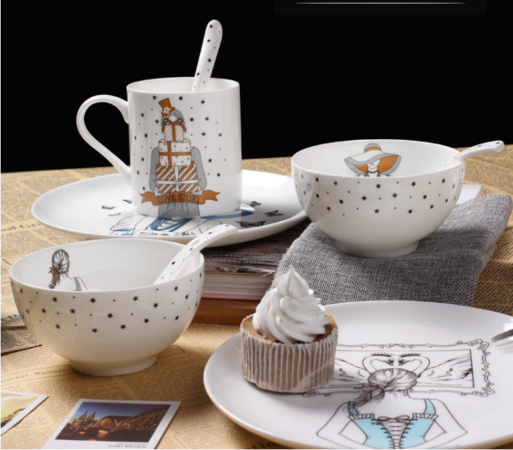 陶瓷骨瓷碗勺 北歐卡通簡約可愛陶瓷家用米飯碗沙拉甜品碗微波爐適用4.5碗套裝