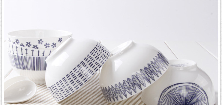 陶瓷骨瓷碗勺 北歐風簡約藍白陶瓷碗 創意4.5寸骨瓷米飯碗色拉碗餐具套裝批發