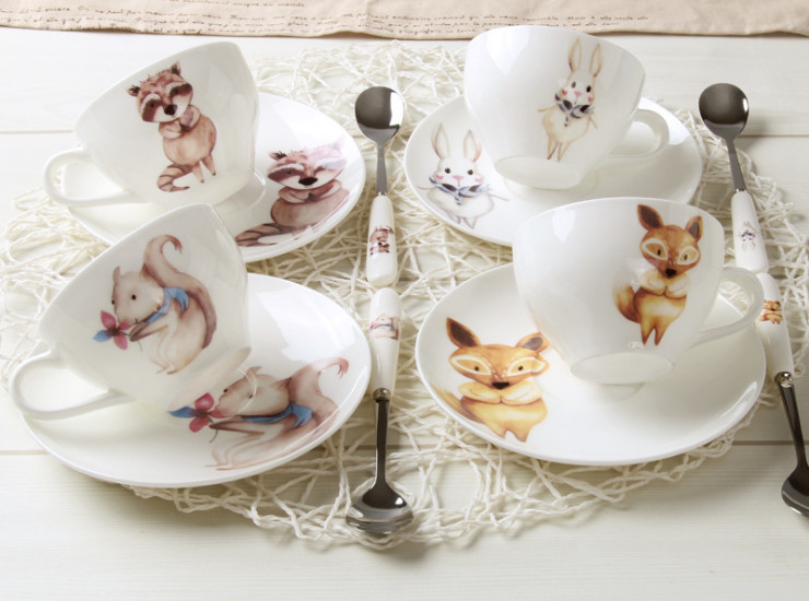 陶瓷骨瓷咖啡杯碟勺 卡通高档骨瓷北欧手绘动物创意陶瓷下午茶咖啡杯碟配勺叉套装批发