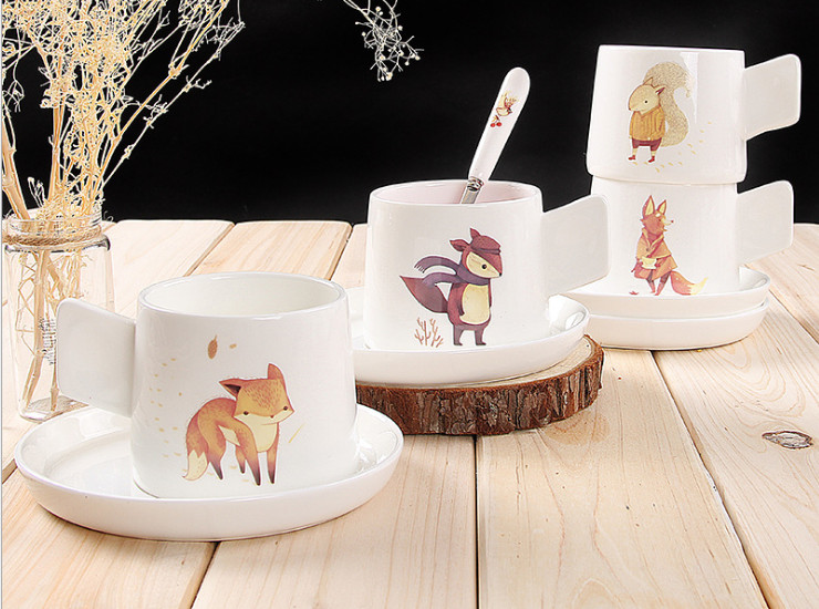 陶瓷骨瓷咖啡杯碟勺 可爱动物创意欧式下午茶陶瓷咖啡杯碟带勺 卡通骨瓷礼品套装批发