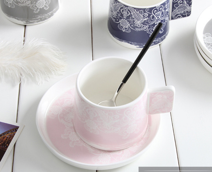 陶瓷骨瓷咖啡杯碟 創意地中海風陶瓷大容量咖啡杯碟套裝 咖啡廳專用點心具禮品批發