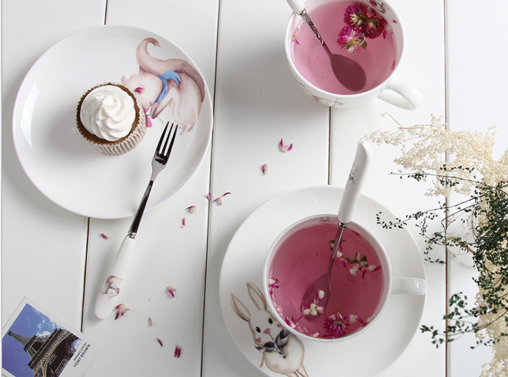 陶瓷骨瓷咖啡杯碟 可爱卡通创意欧式咖啡厅陶瓷花茶咖啡杯碟勺骨瓷礼品套装