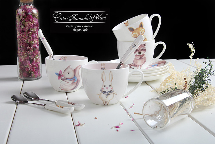 陶瓷骨瓷咖啡杯碟 可愛卡通創意歐式咖啡廳陶瓷花茶咖啡杯碟勺骨瓷禮品套裝