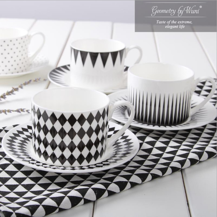 陶瓷骨瓷咖啡杯碟 北歐簡約骨瓷咖啡杯碟 高檔黑色幾何家用陶瓷精品婚慶禮品批發