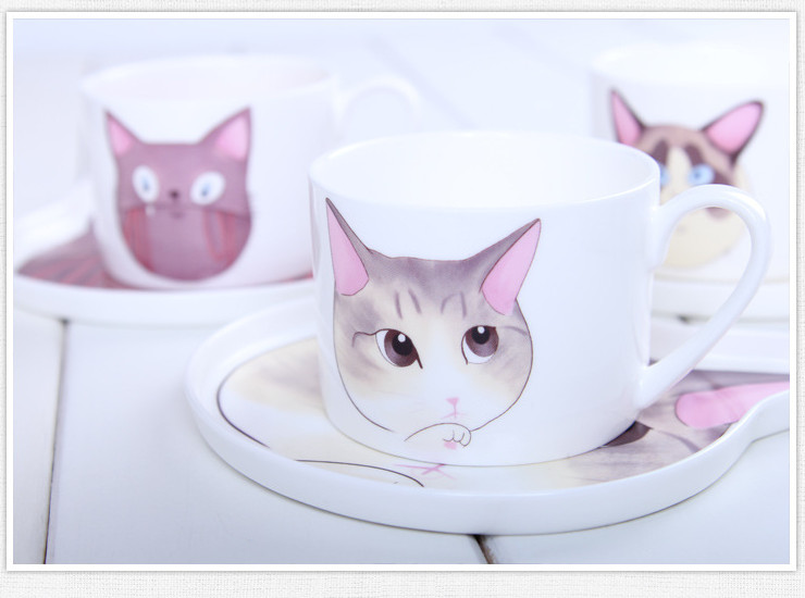 陶瓷骨瓷咖啡杯碟 可愛貓咪咖啡杯碟 創意骨瓷下午茶具卡通陶瓷點心盤茶杯禮品批發