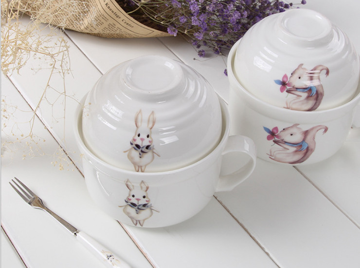 陶瓷骨瓷马克杯 创意欧式陶瓷碗 卡通可爱方便泡面碗泡面杯餐具套装带盖勺叉批发