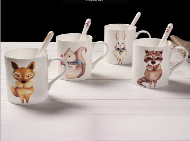 Ceramic Bone Porcelain Mug Cup Cute Cartoon Milk Cup Ceramic High Bone Porcelain Mug Cup With Spoon Coffee Cup Creative Couples Cups Cup Wholesale